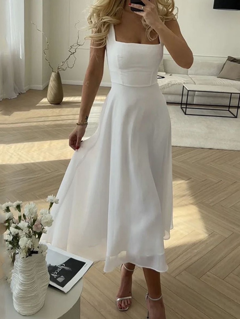 Commense White Square-Neck Midi Dress
